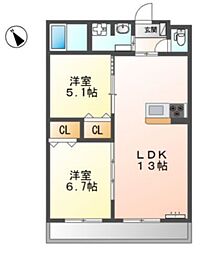 シャイン湘南 2LDKの間取図画像