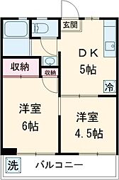 京王線 武蔵野台駅 徒歩10分の賃貸マンション 3階2DKの間取り