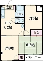 京王線 多磨霊園駅 徒歩17分の賃貸マンション 2階2DKの間取り