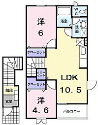 東武桐生線 相老駅 徒歩18分の賃貸アパート 2階2LDKの間取り