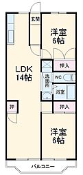 小田急小田原線 秦野駅 徒歩17分の賃貸マンション 2階2LDKの間取り