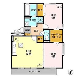 つくばエクスプレス つくば駅 バス20分 下横場入口バス停下車 徒歩6分の賃貸アパート 1階2LDKの間取り