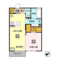 Ｄ−ｒｏｏｍウィット西原 2階1LDKの間取り
