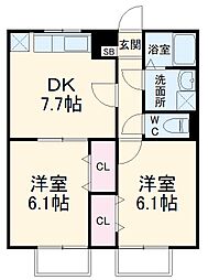 アムールＨＡＰＰＩＮＥＳＳ 2階2DKの間取り
