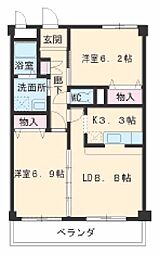 名古屋市営鶴舞線 平針駅 徒歩16分の賃貸マンション 2階2LDKの間取り