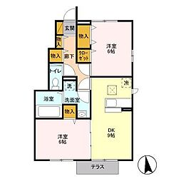 アクアパーム　C 1階2DKの間取り