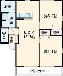 ヴェルデ阿左美III 202 2階2LDKの間取り