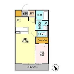 シンシア千波　Ａ 3階1LDKの間取り