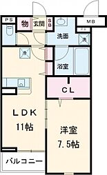 ヴァン・ヴェール鷹の台A 1階1LDKの間取り