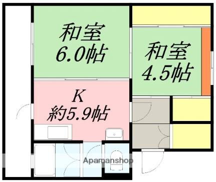 ユートピア川原1号棟 402｜北海道函館市川原町(賃貸マンション2DK・4階・45.00㎡)の写真 その2