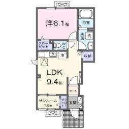 シャルマン天童II 1階1LDKの間取り