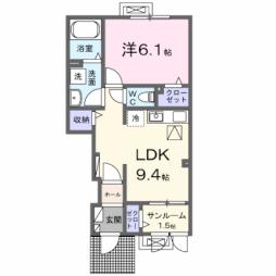 シャルマン天童II 1階1LDKの間取り