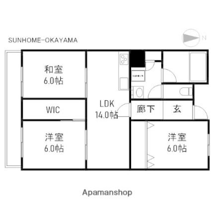 インペリアルハイツ今 207｜岡山県岡山市北区今５丁目(賃貸マンション3LDK・2階・70.00㎡)の写真 その2