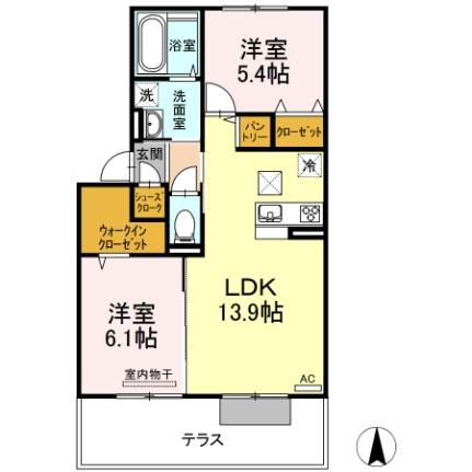 グランフェリス　Ａ棟 103｜岡山県岡山市北区東花尻(賃貸アパート2LDK・1階・58.07㎡)の写真 その2