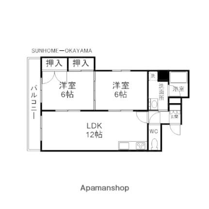 岡山県岡山市北区弓之町(賃貸マンション2LDK・5階・59.94㎡)の写真 その2