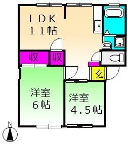 エコーハイツＦｕｊｉ　Ｂ棟 102号室｜岡山県岡山市南区西市(賃貸アパート2LDK・1階・45.21㎡)の写真 その2