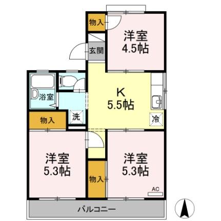 福富パレス　Ｂ棟 ｜岡山県岡山市南区福富東２丁目(賃貸アパート3K・2階・47.87㎡)の写真 その2