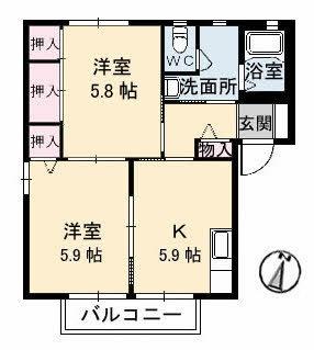 サリーレ太陽II　Ｃ棟 ｜岡山県倉敷市玉島長尾(賃貸アパート2K・1階・43.75㎡)の写真 その2