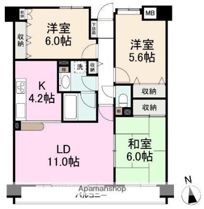 ファミール桜町　302号 302｜香川県高松市桜町１丁目(賃貸マンション3LDK・3階・71.64㎡)の写真 その2